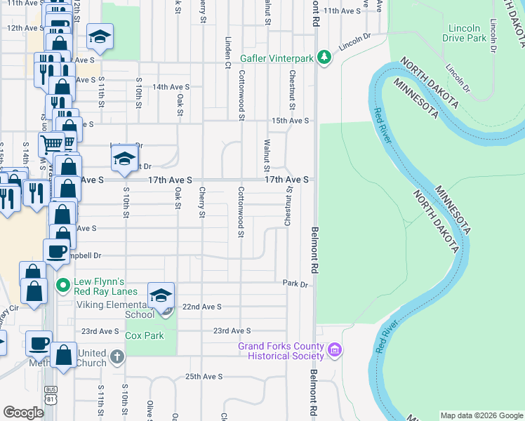 map of restaurants, bars, coffee shops, grocery stores, and more near 505 18th Avenue South in Grand Forks