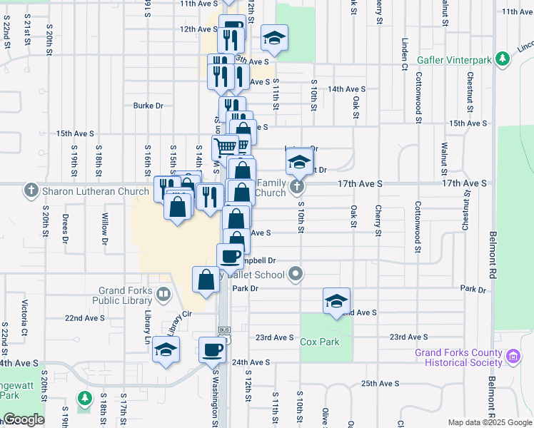 map of restaurants, bars, coffee shops, grocery stores, and more near 1107 18th Avenue South in Grand Forks