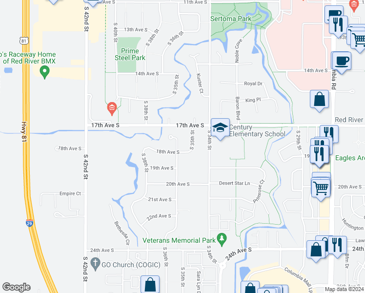 map of restaurants, bars, coffee shops, grocery stores, and more near 1798 Lydia Circle in Grand Forks