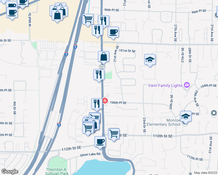 map of restaurants, bars, coffee shops, grocery stores, and more near 10505 19th Avenue Southeast in Everett
