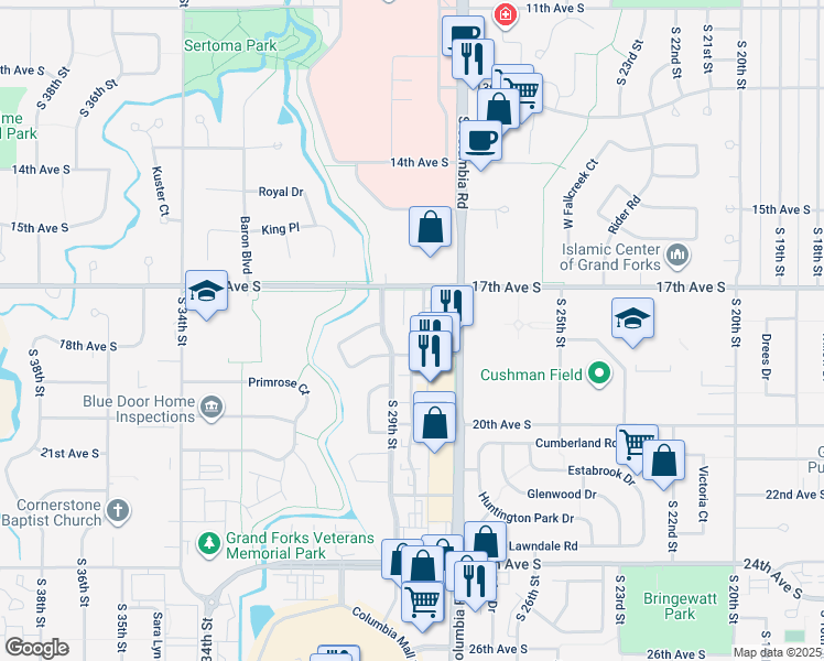 map of restaurants, bars, coffee shops, grocery stores, and more near 2870 19th Avenue South in Grand Forks