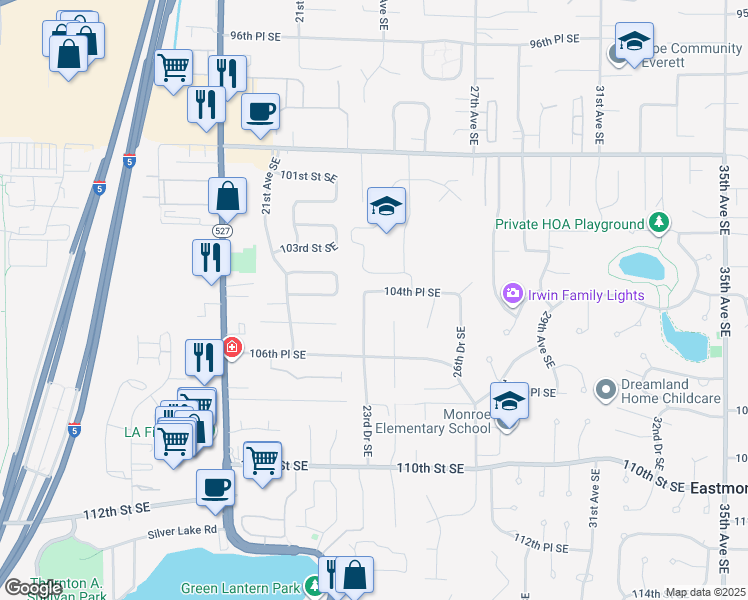 map of restaurants, bars, coffee shops, grocery stores, and more near 10423 23rd Drive Southeast in Everett