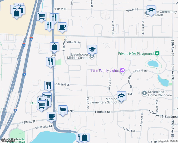 map of restaurants, bars, coffee shops, grocery stores, and more near 10507 23rd Drive Southeast in Everett