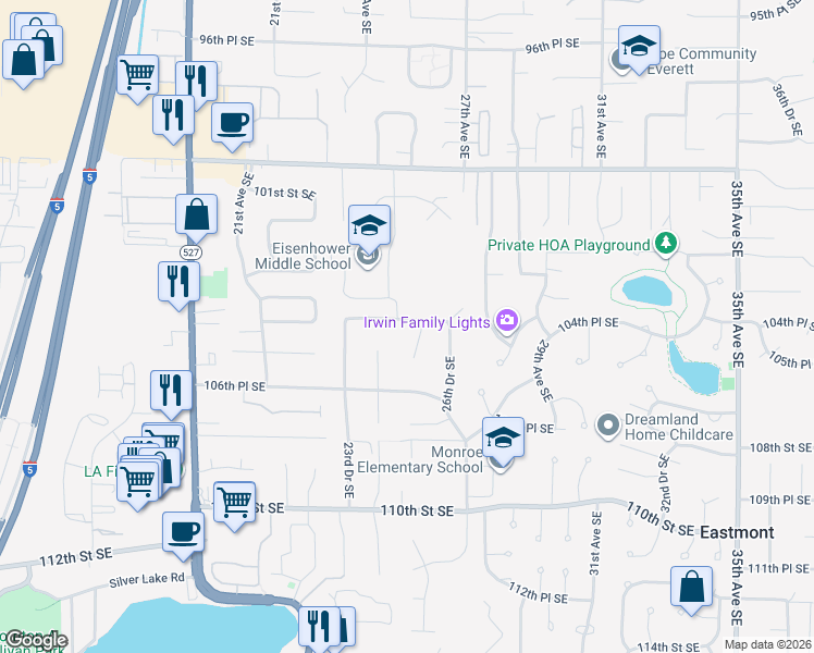 map of restaurants, bars, coffee shops, grocery stores, and more near 10511 24th Drive Southeast in Everett