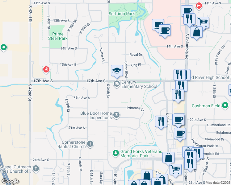 map of restaurants, bars, coffee shops, grocery stores, and more near 3351 17th Avenue South in Grand Forks