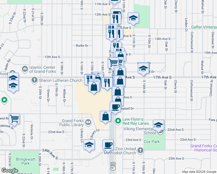 map of restaurants, bars, coffee shops, grocery stores, and more near 1800-1838 South Washington Street in Grand Forks