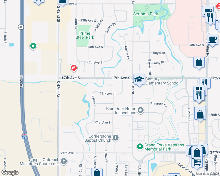 map of restaurants, bars, coffee shops, grocery stores, and more near 1798 Lydia Circle in Grand Forks
