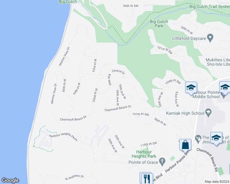 map of restaurants, bars, coffee shops, grocery stores, and more near 10506 60th Avenue West in Mukilteo