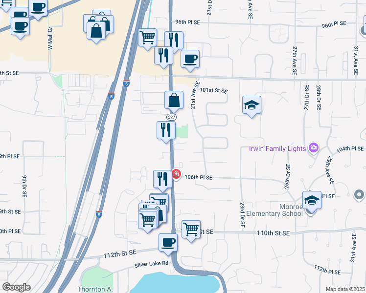 map of restaurants, bars, coffee shops, grocery stores, and more near 10505 19th Avenue Southeast in Everett