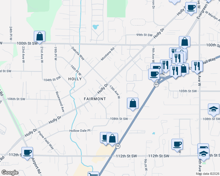 map of restaurants, bars, coffee shops, grocery stores, and more near 10426 13th Avenue West in Everett