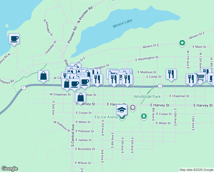 map of restaurants, bars, coffee shops, grocery stores, and more near Voyageur Highway in Ely