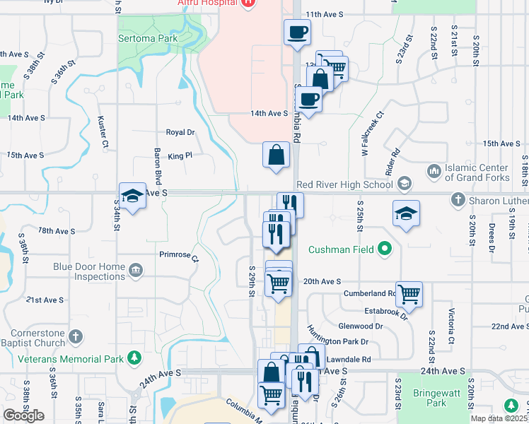 map of restaurants, bars, coffee shops, grocery stores, and more near 2870 19th Avenue South in Grand Forks