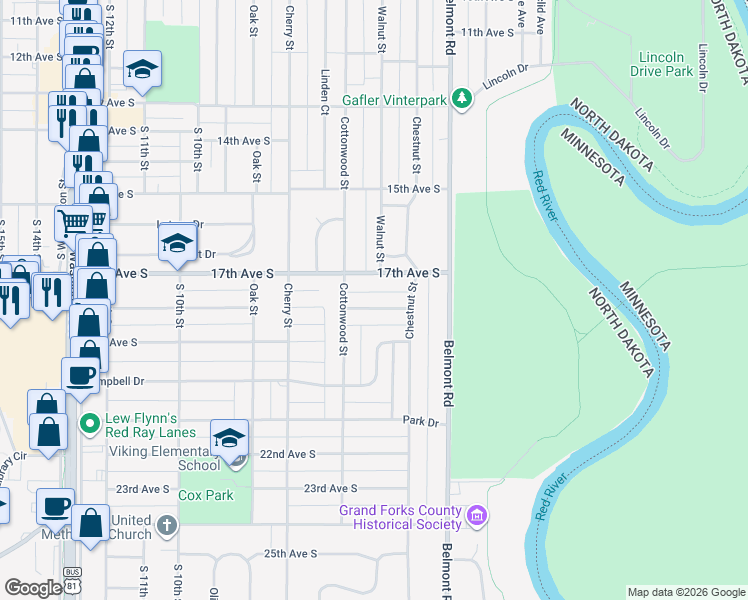 map of restaurants, bars, coffee shops, grocery stores, and more near 505 18th Avenue South in Grand Forks