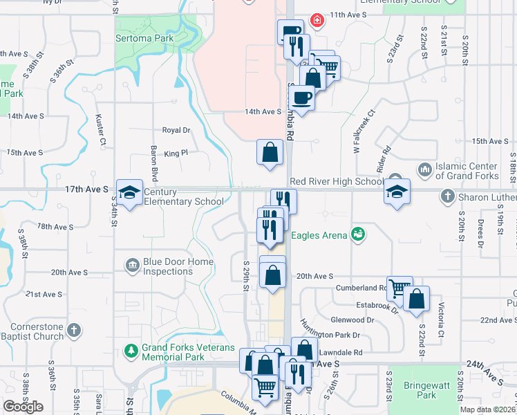 map of restaurants, bars, coffee shops, grocery stores, and more near 2807 17th Avenue South in Grand Forks