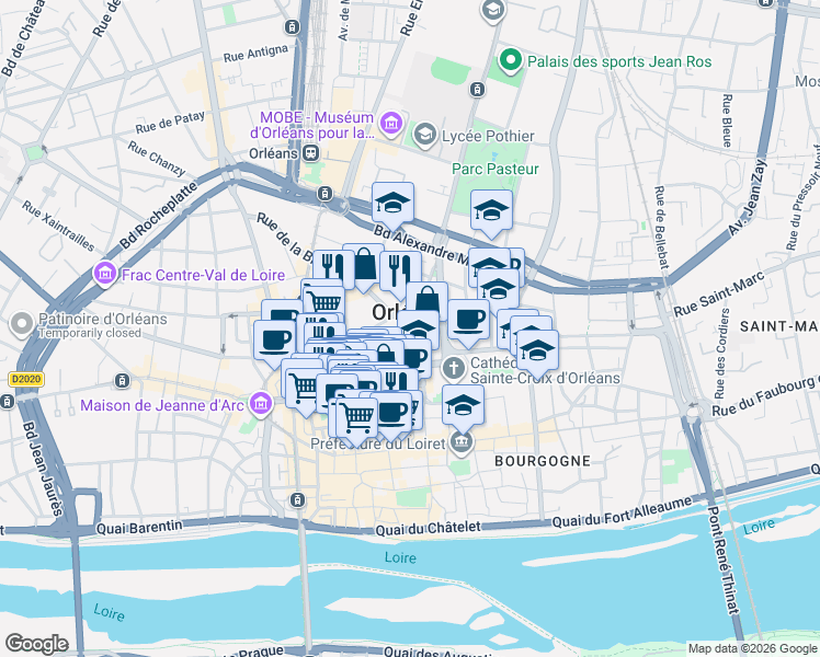 map of restaurants, bars, coffee shops, grocery stores, and more near in Orléans