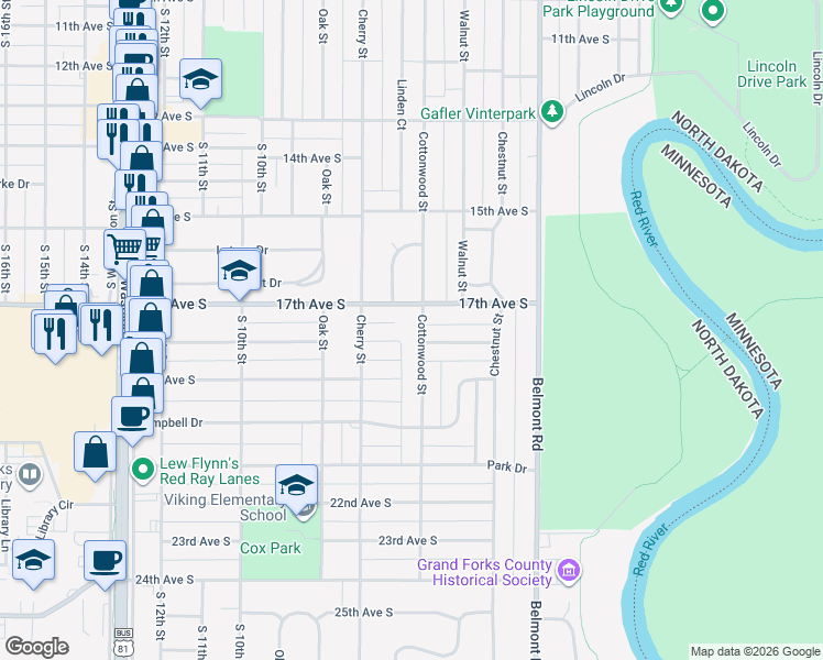 map of restaurants, bars, coffee shops, grocery stores, and more near 1530 Cottonwood Street in Grand Forks