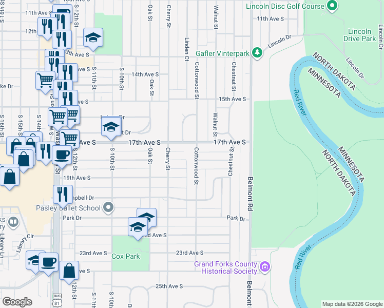 map of restaurants, bars, coffee shops, grocery stores, and more near 1530 Cottonwood Street in Grand Forks
