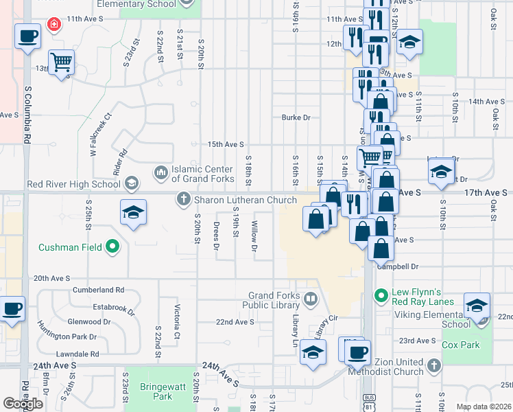 map of restaurants, bars, coffee shops, grocery stores, and more near in Grand Forks