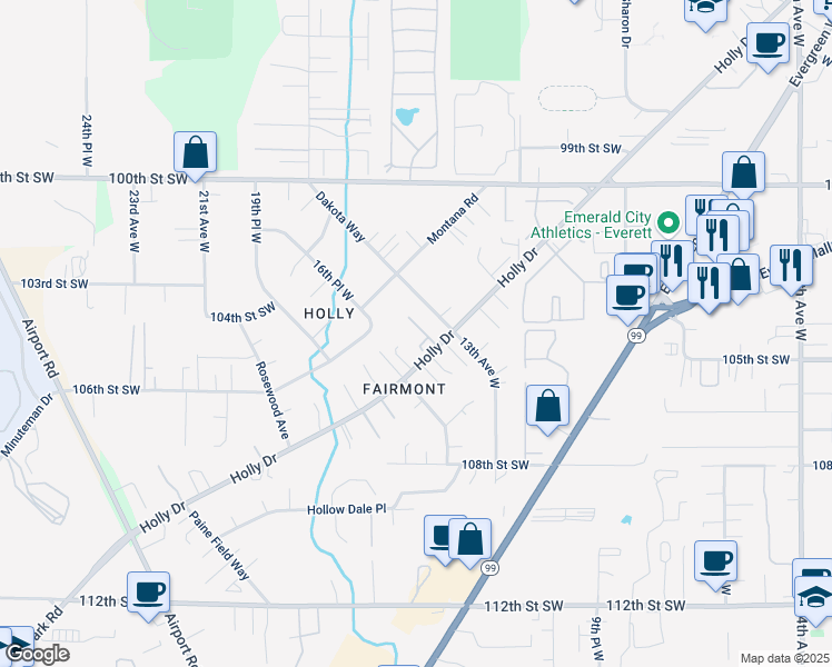 map of restaurants, bars, coffee shops, grocery stores, and more near 10232 Dakota Way in Everett