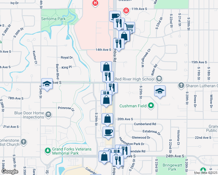 map of restaurants, bars, coffee shops, grocery stores, and more near 2808 17th Avenue South in Grand Forks