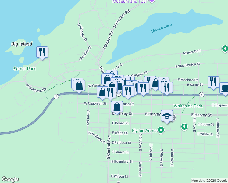 map of restaurants, bars, coffee shops, grocery stores, and more near 28 East Camp Street in Ely