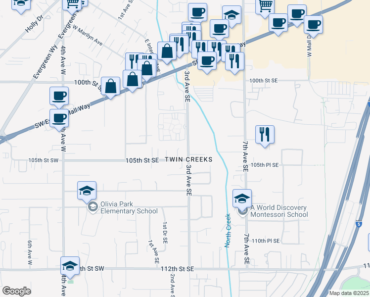 map of restaurants, bars, coffee shops, grocery stores, and more near 10410 3rd Avenue Southeast in Everett