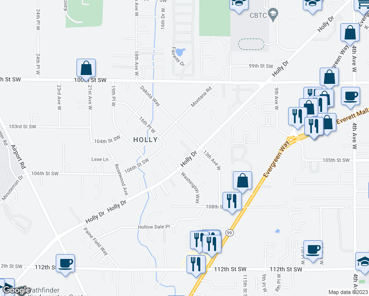 map of restaurants, bars, coffee shops, grocery stores, and more near 10232 Dakota Way in Everett