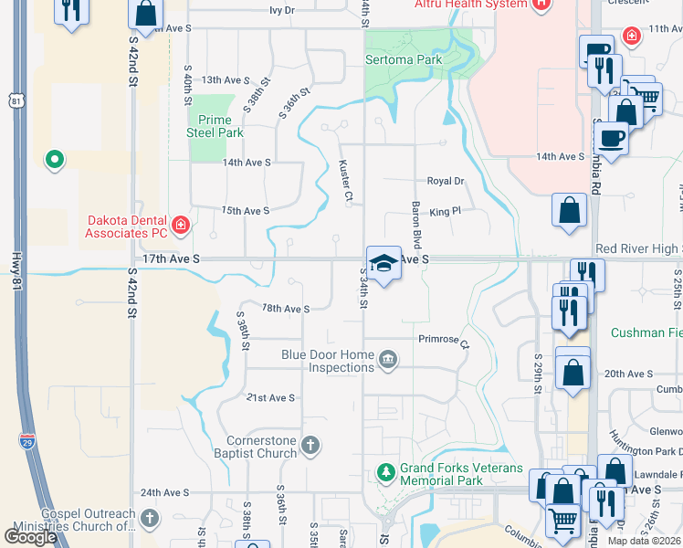 map of restaurants, bars, coffee shops, grocery stores, and more near 3402 Odyssey Circle in Grand Forks