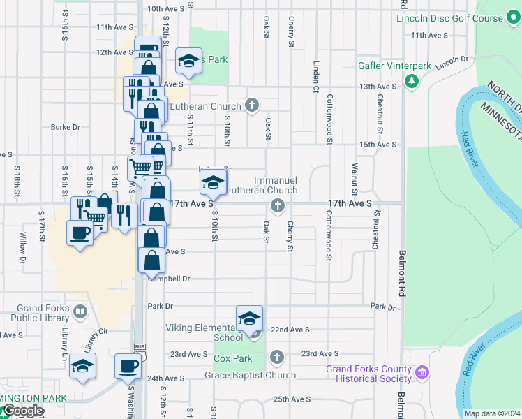 map of restaurants, bars, coffee shops, grocery stores, and more near 807 17th Avenue South in Grand Forks