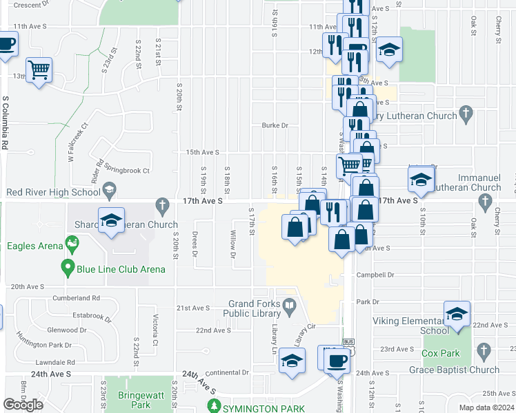 map of restaurants, bars, coffee shops, grocery stores, and more near 1621 17th Avenue South in Grand Forks