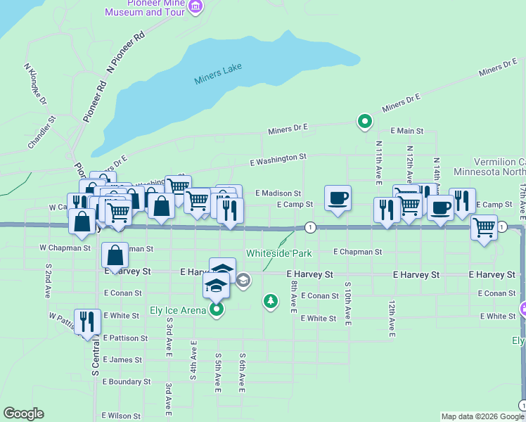 map of restaurants, bars, coffee shops, grocery stores, and more near 640 East Camp Street in Ely