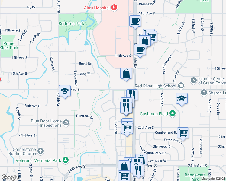 map of restaurants, bars, coffee shops, grocery stores, and more near 1825 South 29th Street in Grand Forks