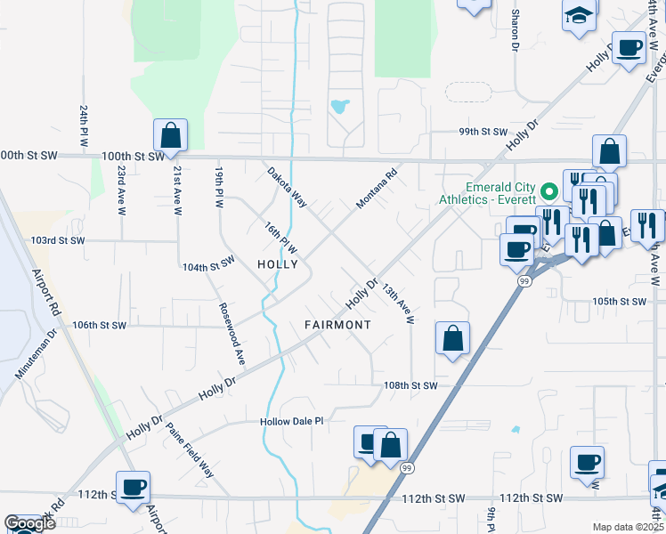 map of restaurants, bars, coffee shops, grocery stores, and more near 10232 Dakota Way in Everett