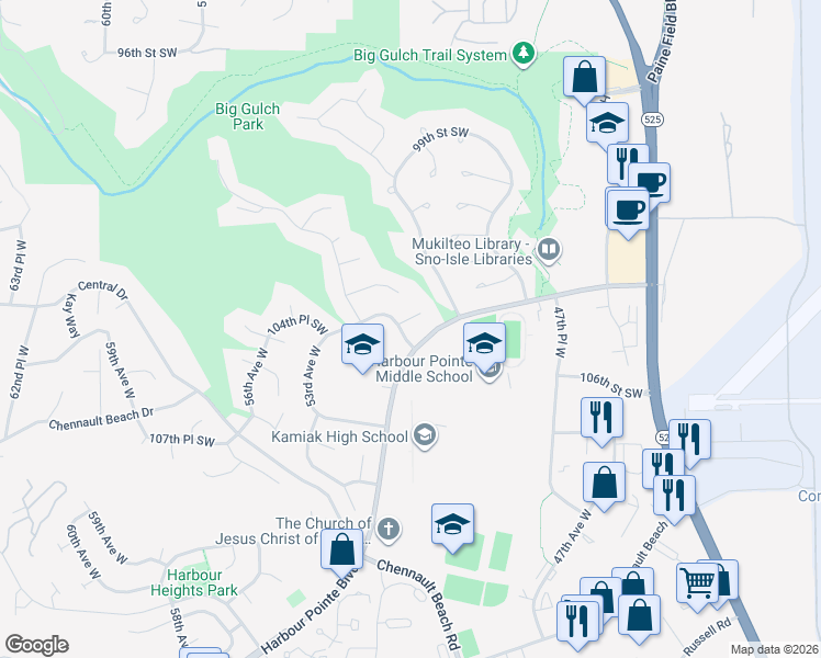 map of restaurants, bars, coffee shops, grocery stores, and more near 5120 104th Street Southwest in Mukilteo