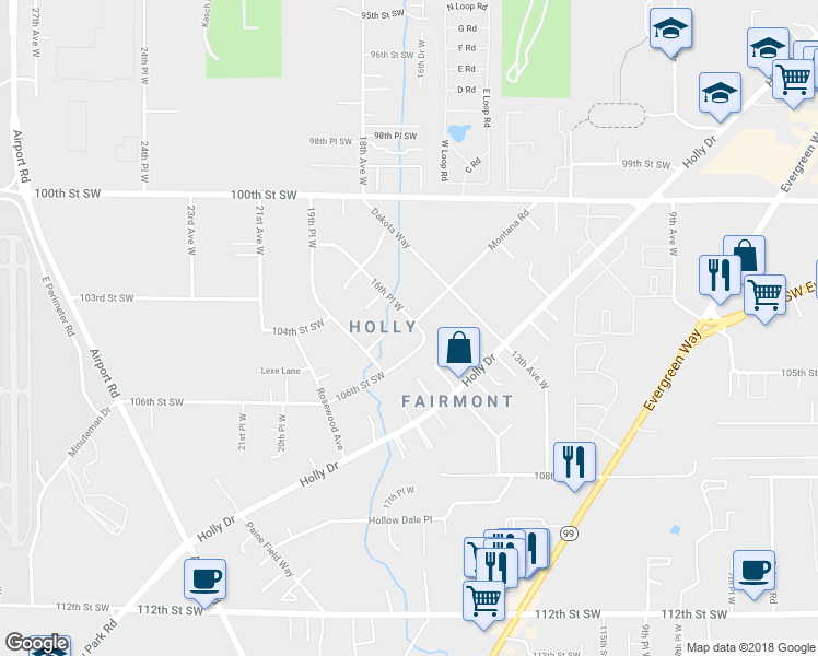 map of restaurants, bars, coffee shops, grocery stores, and more near 10510 16th Place West in Everett