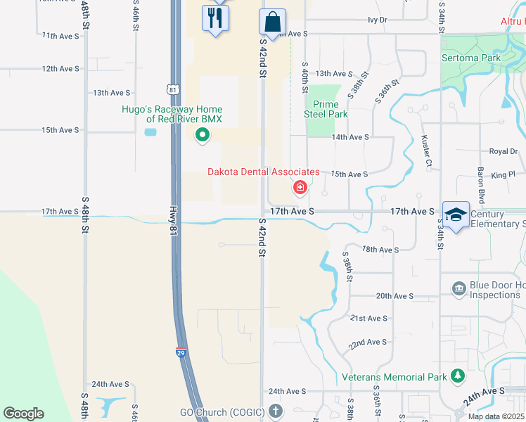 map of restaurants, bars, coffee shops, grocery stores, and more near in Grand Forks