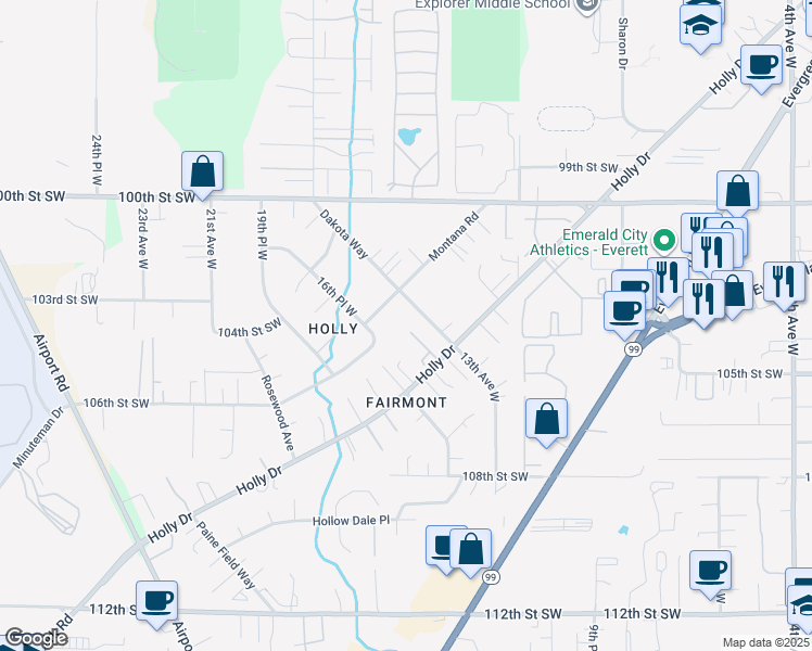 map of restaurants, bars, coffee shops, grocery stores, and more near 10232 Dakota Way in Everett