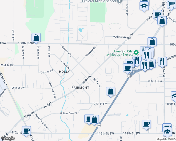 map of restaurants, bars, coffee shops, grocery stores, and more near 10307 Dakota Way in Everett