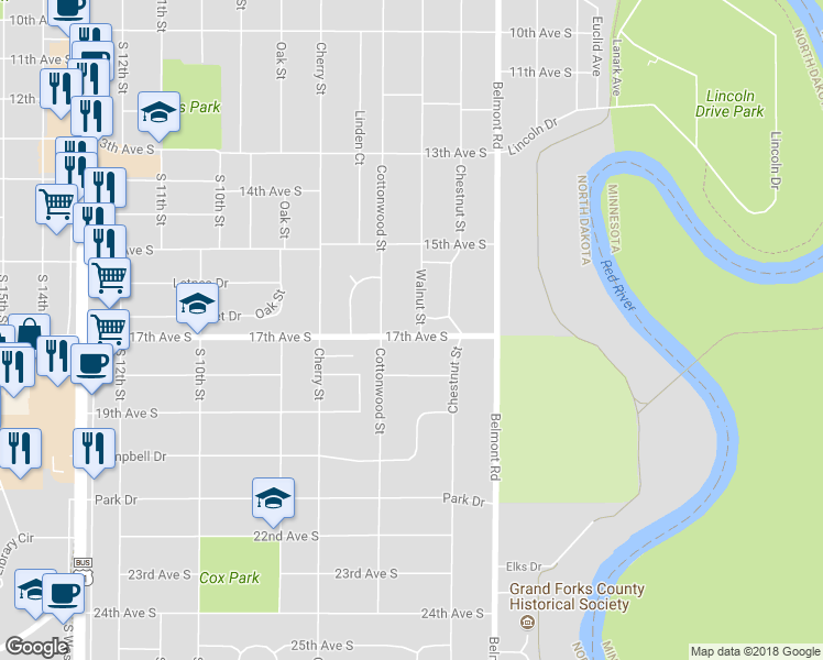 map of restaurants, bars, coffee shops, grocery stores, and more near 1528 Walnut Street in Grand Forks