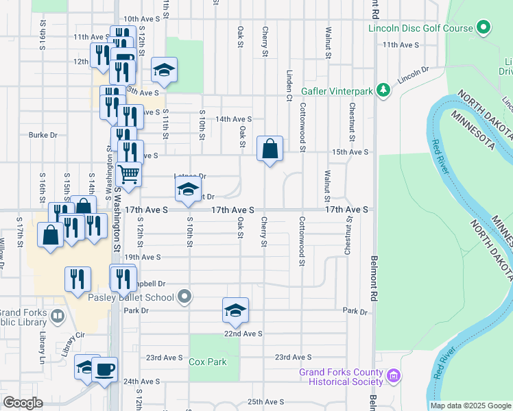 map of restaurants, bars, coffee shops, grocery stores, and more near 700-798 17th Ave S in Grand Forks