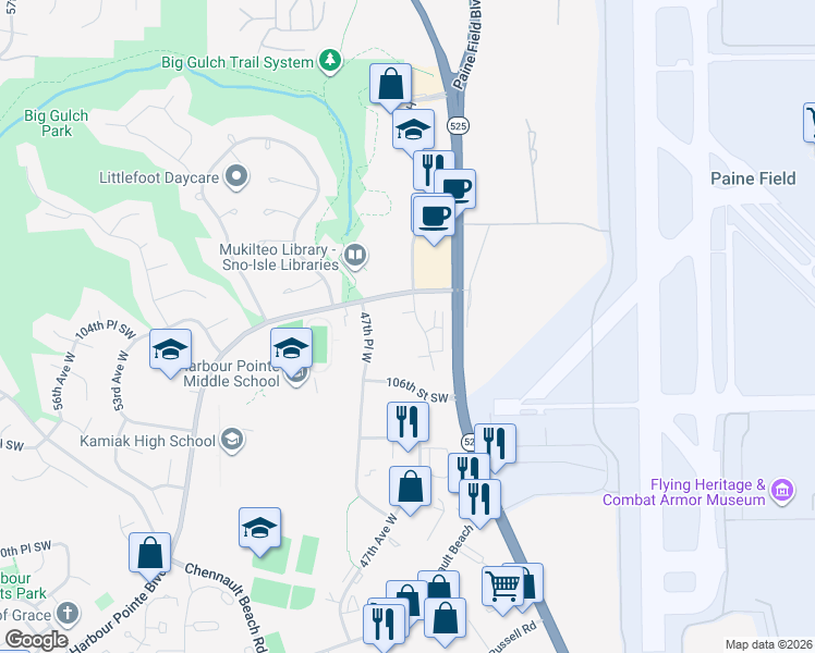 map of restaurants, bars, coffee shops, grocery stores, and more near 4500 Harbour Pointe Boulevard in Mukilteo