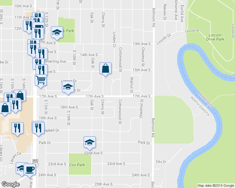 map of restaurants, bars, coffee shops, grocery stores, and more near 1530 Cottonwood Street in Grand Forks