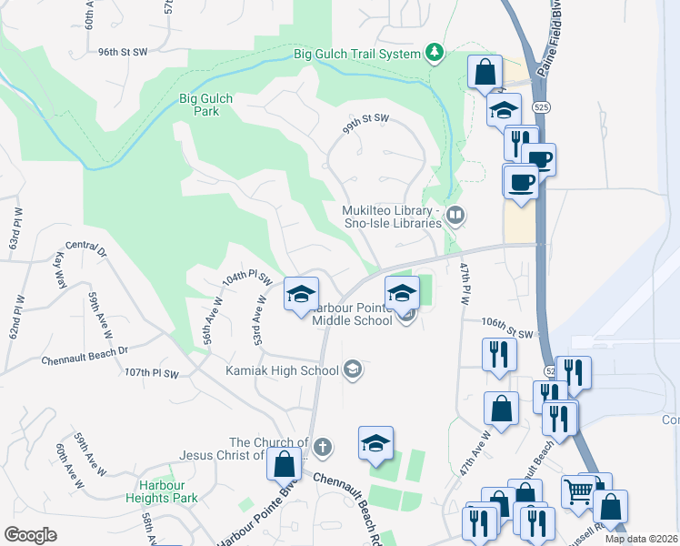 map of restaurants, bars, coffee shops, grocery stores, and more near 5120 104th Street Southwest in Mukilteo