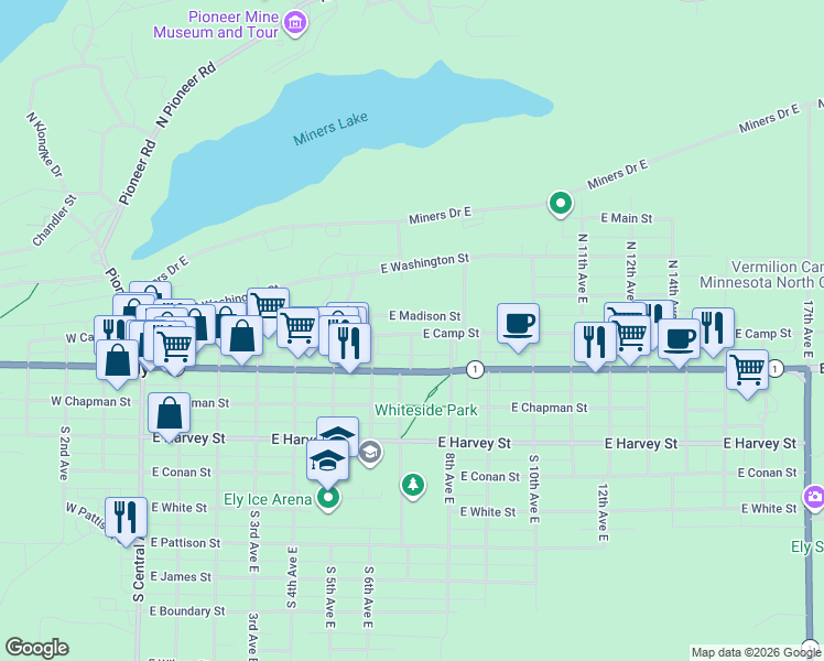 map of restaurants, bars, coffee shops, grocery stores, and more near 640 East Camp Street in Ely
