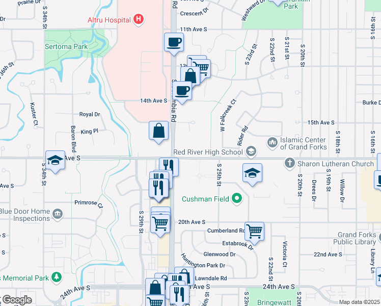 map of restaurants, bars, coffee shops, grocery stores, and more near 2526 17th Avenue South in Grand Forks