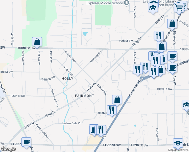 map of restaurants, bars, coffee shops, grocery stores, and more near 10307 Dakota Way in Everett