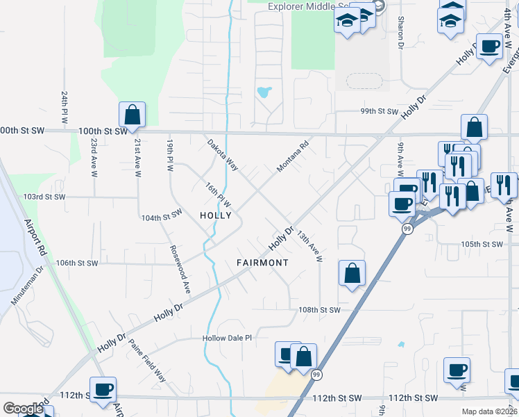 map of restaurants, bars, coffee shops, grocery stores, and more near 10232 Dakota Way in Everett