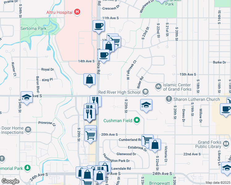 map of restaurants, bars, coffee shops, grocery stores, and more near 2541 17thks City S 17th Avenue in Grand Forks