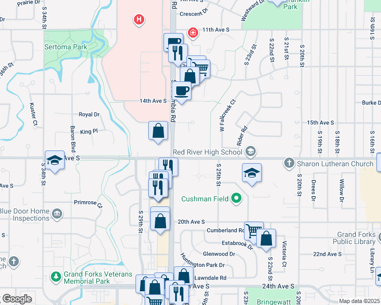 map of restaurants, bars, coffee shops, grocery stores, and more near 2526 17th Avenue South in Grand Forks