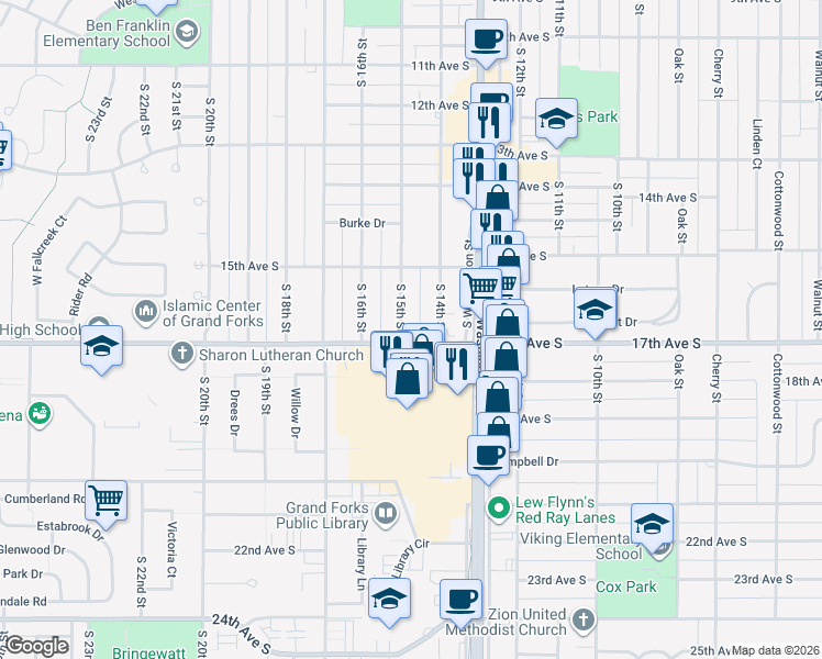 map of restaurants, bars, coffee shops, grocery stores, and more near 24 17th Avenue South in Grand Forks